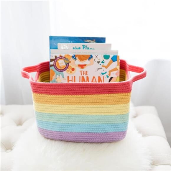 Woven Toy Basket Storage for Kids Room, Rectangular Basket for Shelves, Cotton - Picture 6 of 7